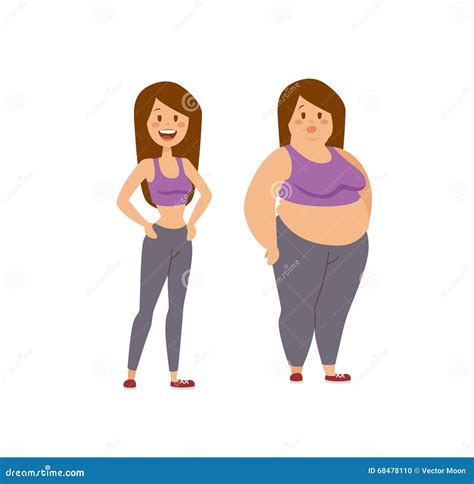 Cartoon Character Of Fat Woman And Thin Girl People Dieting Fitness Stock Vector