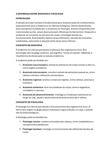 Diferenças entre Anatomia e Fisiologia | PDF | Anatomia | Corpo humano