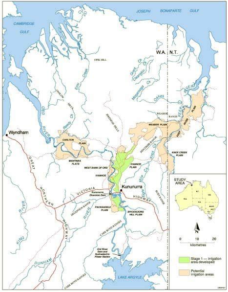 Location map to show key features of the Ord River Irrigation Project ...