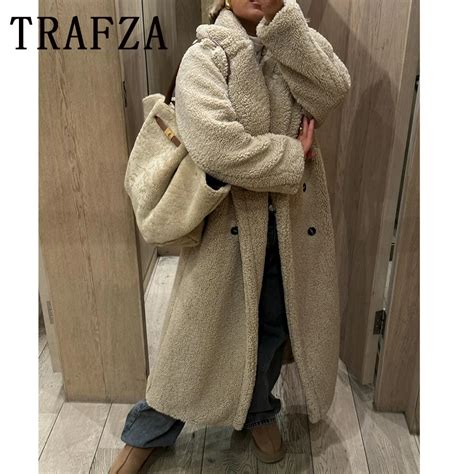 Trafza Autumn Winter Women Vintage Fleece Long Coats Fashion