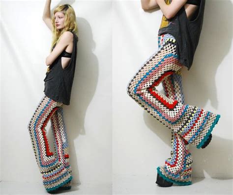 CROCHET Granny Square Pants FLARES Bells Rainbow 70s Vintage Knit WOOL