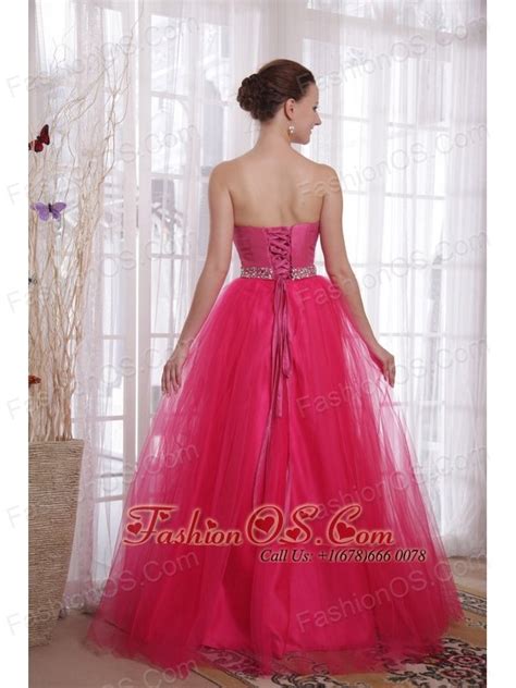 Hot Pink A Line Princess Strapless Floor Length Tulle Beading Prom