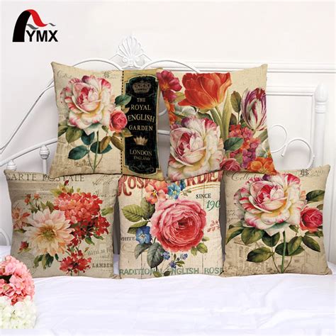 Buy Flower Rose Printing Cushion Cover Cotton Linen