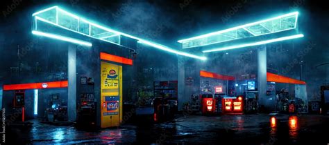 Futuristic gas station. Steampunk background. Sci-Fi, cyber-city style ...