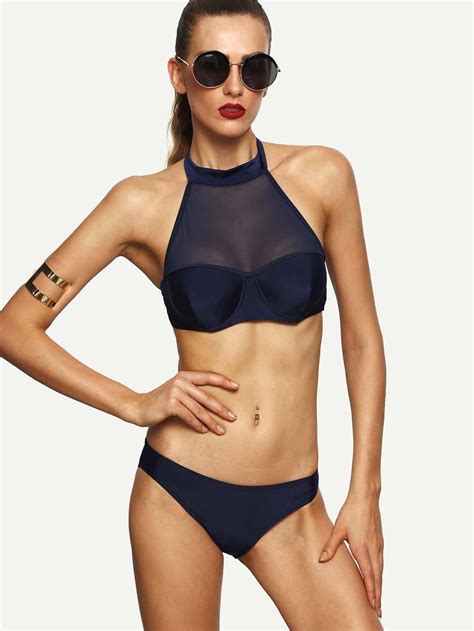 Blue Mesh Insert Halter Neck Bikini Set SheIn Sheinside