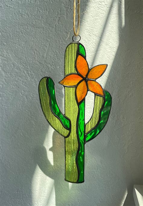 Stained Glass Desert Cactus With Flower Suncatcher Etsy Stained Glass Flowers Stained Glass