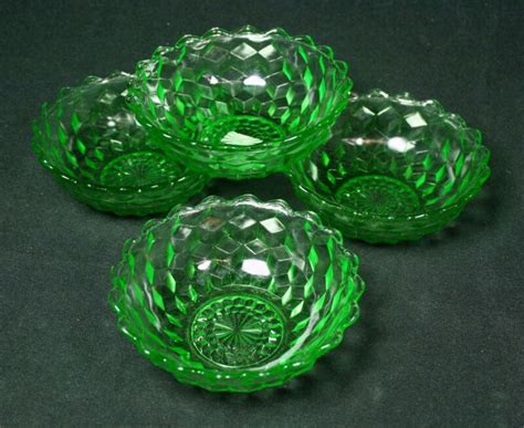 Set Of 4 Vintage Jeannette Green Depression Glass Cube Cubist Dessert Bowls Antique Price