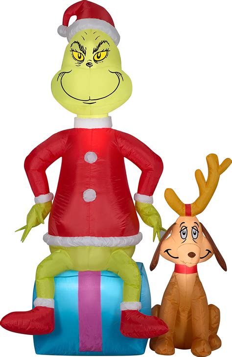 Gemmy Christmas Airblown Inflatable Grinch W Max Scene Dr Seuss 5 Ft Tall Red