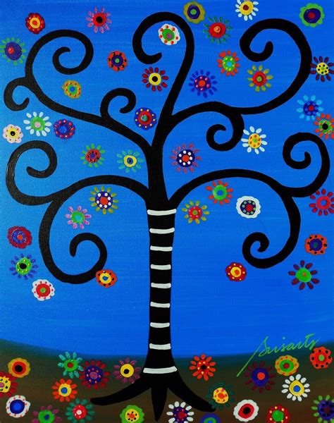 Mexican Folk Art Tree Of Life Flowers 20x16 Original Prisarts