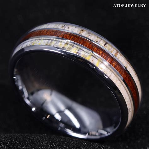 8mm Silver Tungsten Ring With Deer Antler Koa Wood Men Wedding Band Atop Jewelry Ebay