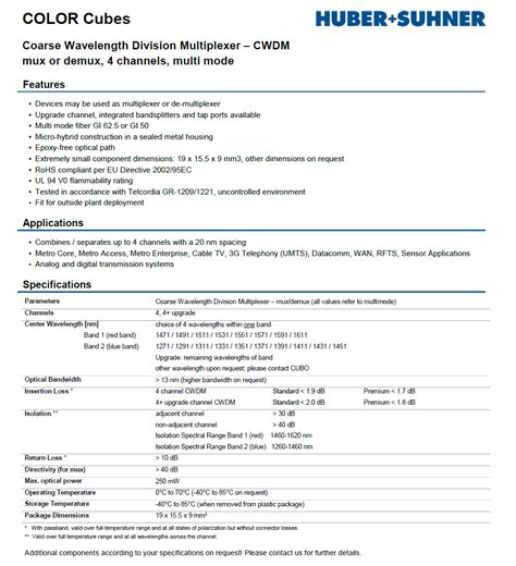 Cwdm 多路复用器或多路分配器，4 通道，多模 Hubersuhner波分复用器光无源器件产品与服务光纤通信光纤传感光纤激光器