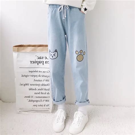 Pantalones Vaqueros Con Bordado De Pata De Gato Kawaii Para Chica