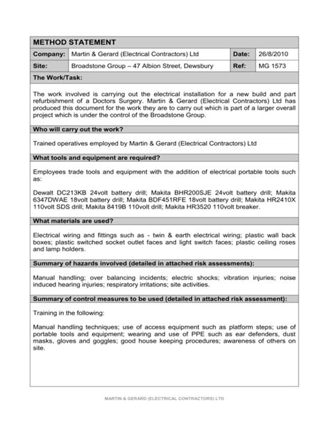 Electrical Method Statement Example Printable Templates