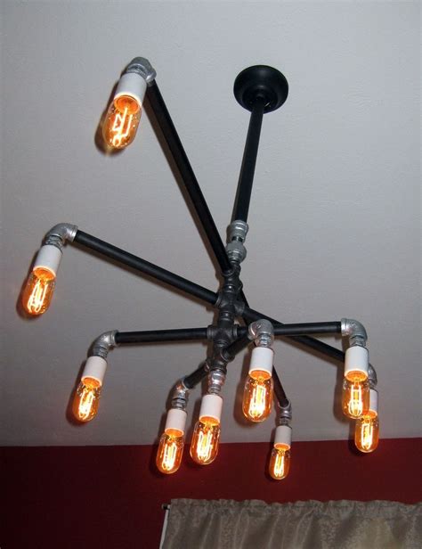 Hand Made Industrial Iron Pipe 9 Bulb Chandelier By Milton Douglas Lamp