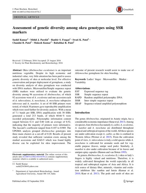 Pdf Assessment Of Genetic Diversity Among Okra Genotypes Using Ssr