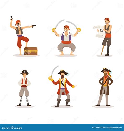 Pirate Or Buccaneer With Captains And Crew Member Vector Set Stock