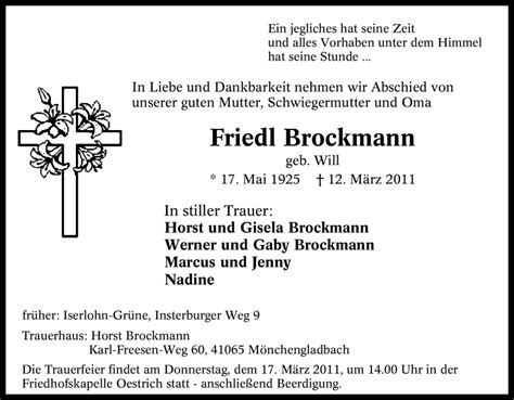 Traueranzeigen Von Friedl Brockmann Trauer In Nrw De