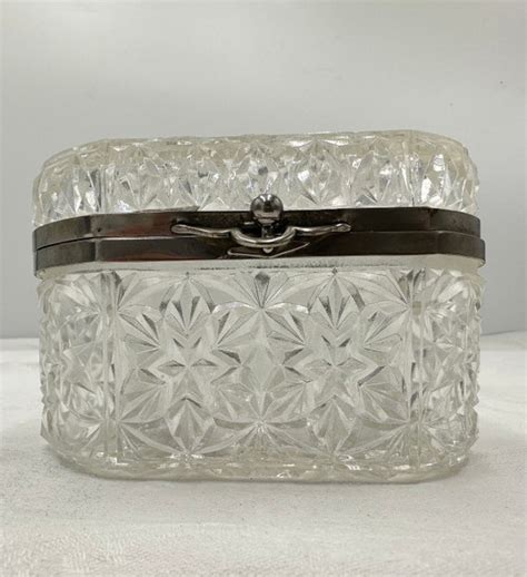 Antique French Cut Crystal Jewelry Box Hand Cut Glas Gem