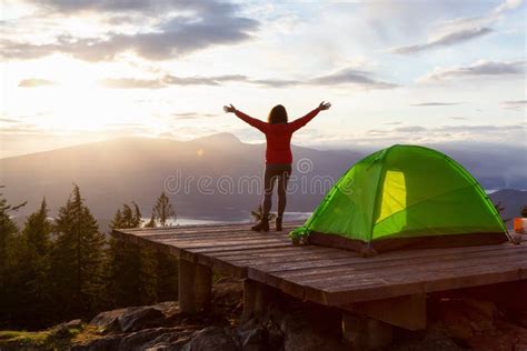 Adventure Girl Is Looking At A Beautiful Iconic Canadian Rocky Mountain