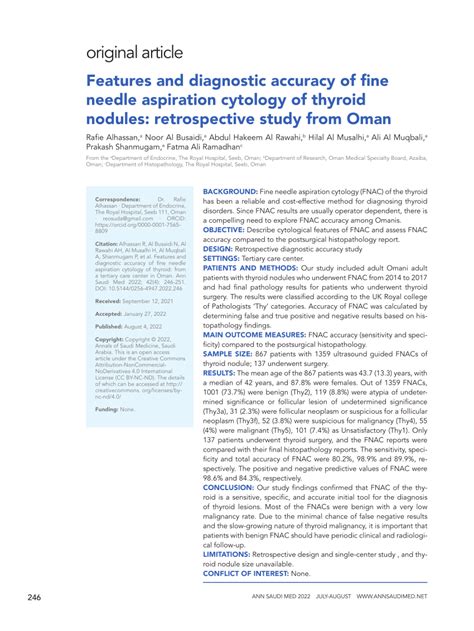 Pdf Features And Diagnostic Accuracy Of Fine Needle Aspiration Cytology Of Thyroid Nodules