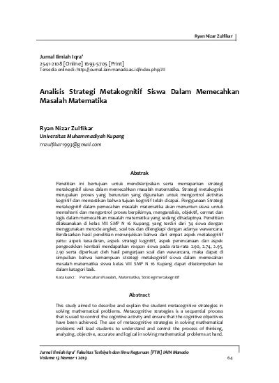 Analisis Strategi Metakognitif Siswa Dalam Memecahkan Masalah Matematika