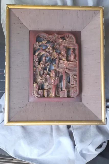 Ancien Panneau En Bois Sculpt Bas Relief Chinois Chine Ancien Eur