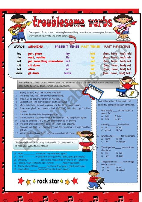 Troublesome Verbs Lay Lie Sit Set Let Leave Esl Worksheet By