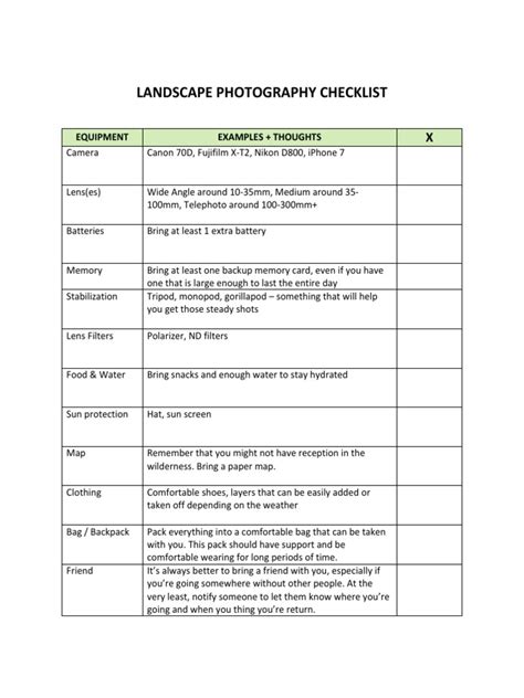 Landscape Photography Checklist Pdf Tripod Photography Imaging