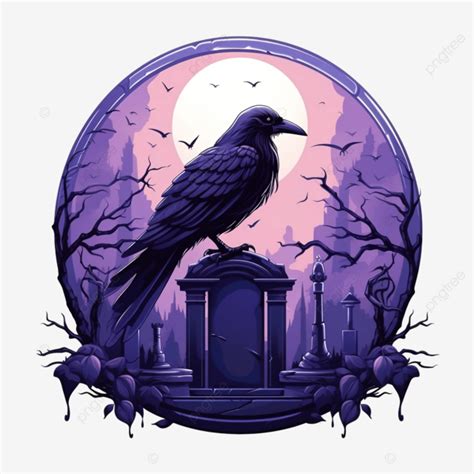 Halloween Raven Cartoon On Grave At Night Design Holiday And Scary