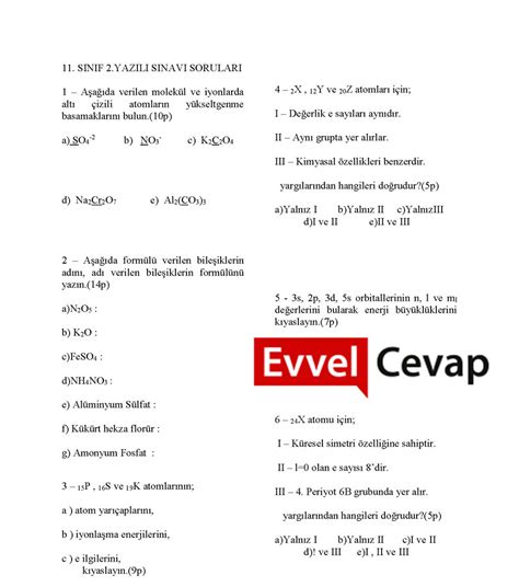 11 Sınıf Kimya 1 Dönem 2 Yazılı Soruları