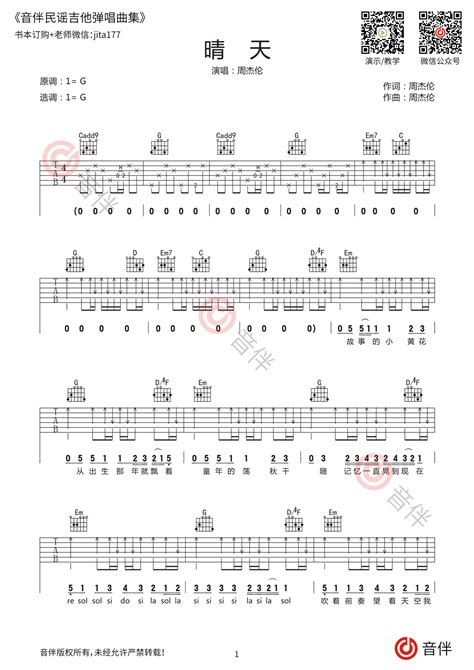 晴天吉他谱 周杰伦经典作品 G调原版指法编配【视频教学讲解】音伴