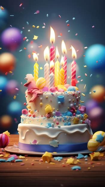 Premium Ai Image A Birthday Cake With Lit Candles Surrounded By Confetti