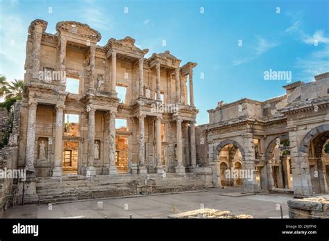 Celsus Library In The Ancient City Of Ephesus With Its Magnificent View