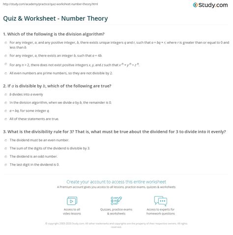 Quiz And Worksheet Number Theory Worksheets Library