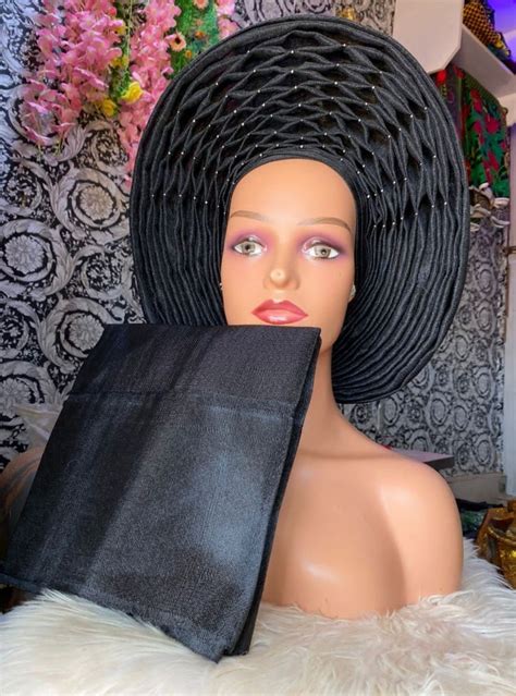 African Headwrap Autogele Aso Oke Black Autogele Aso Oke African