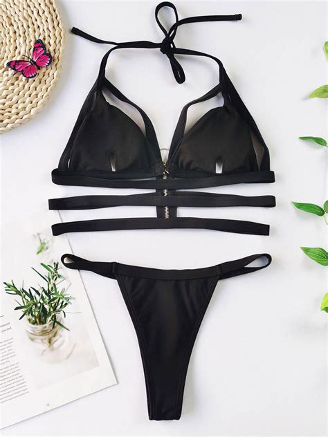 Women Bikini Swimsuit Black Cut Out Halter Backless Natural Waist