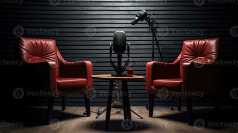 Podcast Live Or Interview Room With Two Chairs And Microphones Isolated