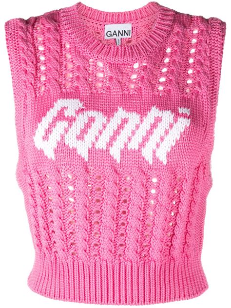 GANNI Pink Logo Intarsia Cable Knit Vest Browns