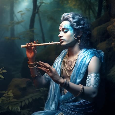 Premium Ai Image Lord Krishna Playing Flute In Forest