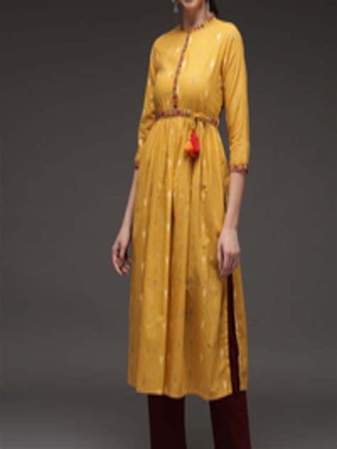 Buy Kalini Mustard Yellow Ethnic Motifs Cotton Kurta Kurtas For Women