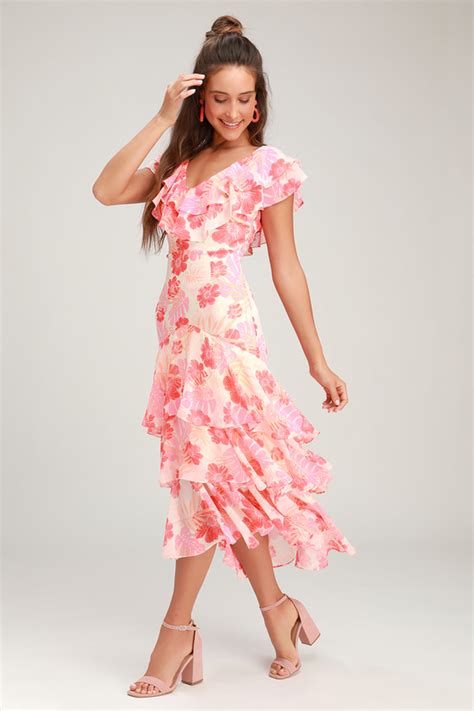 Cute Floral Dress - Pink Floral Dress - Midi Dress - Ruffle Dress - Lulus