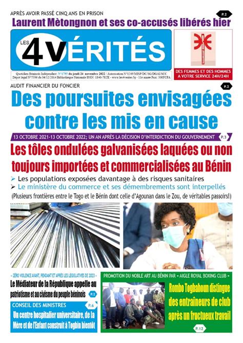 La Une du journal Les 4 Vérités du jeudi 24 novembre 2022 Les 4 VERITES