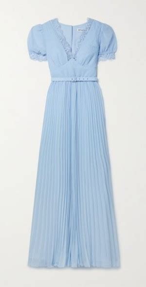 Self Portrait Belted Pleated Guipure Lace Trimmed Chiffon Maxi Dress