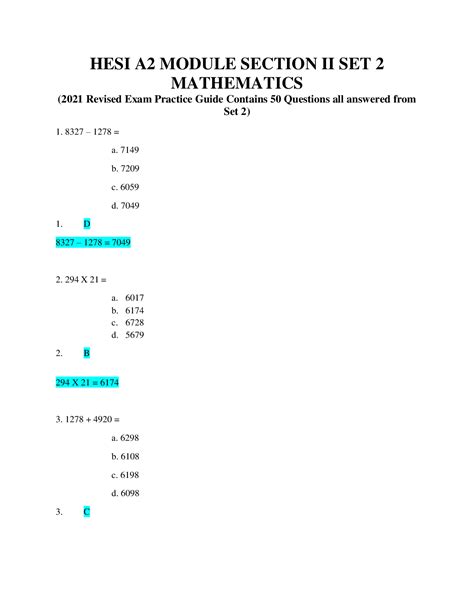 Hesi A Module Section Ii Mathematics Set Revised Exam