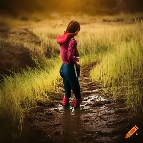 A Woman Hiking In Muddy Terrain With Rubber Boots On Craiyon