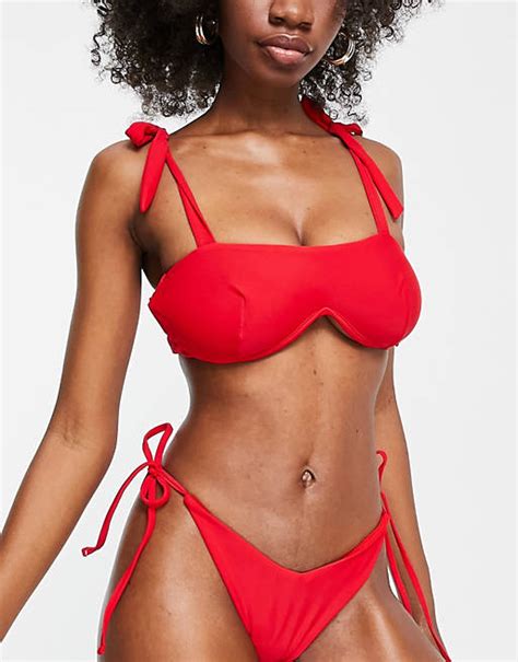 Asos Design Fuller Bust Exclusive U Wire Double Strap Square Neck Bikini Top In Red Asos