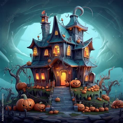 Spooky Halloween house, creepy Halloween mansion, in dark forest ...