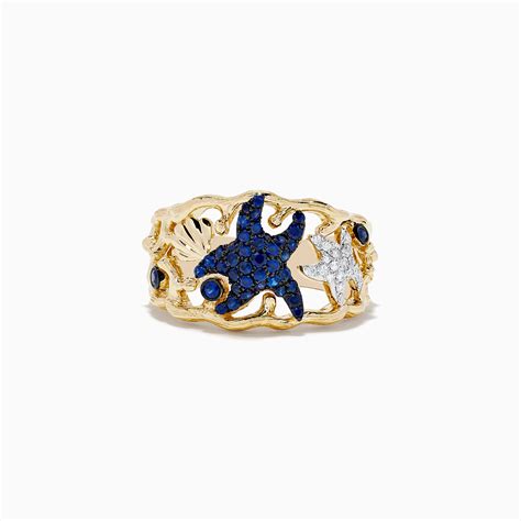 Seaside 14k Yellow Gold Sapphire And Diamond Starfish Ring