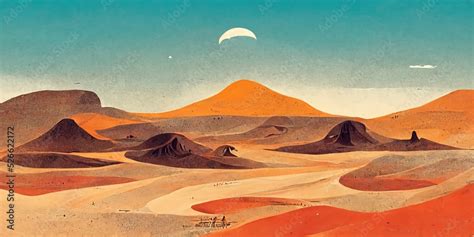 Sandy desert landscape cartoon illustration with sand dunes, hills and ...