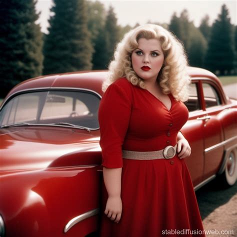 Psycho Woman With Huge Creepy Eyes And Curly Blonde Hair Standing Next To A Vintage Red Car In A